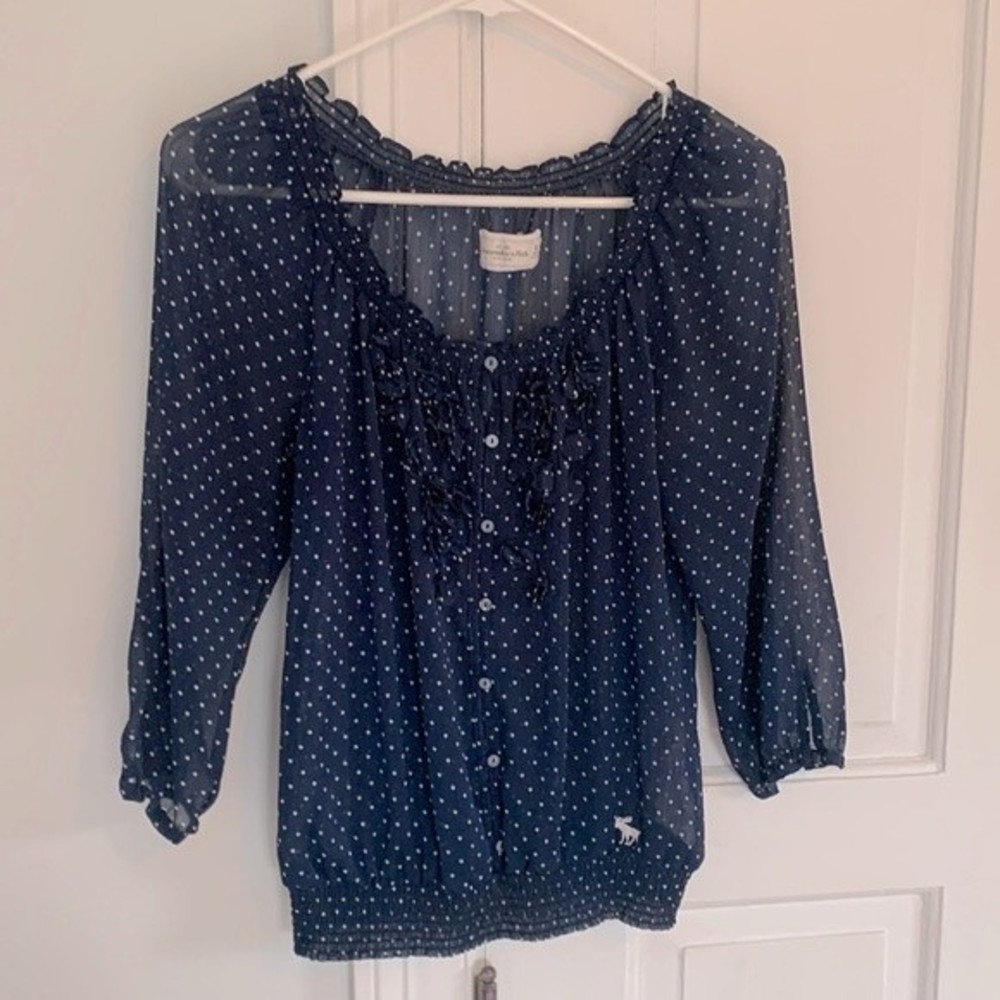 Vintage Y2K Abercrombie & Fitch Navy Blue Polka Dot Smocked Ruffle Blouse M